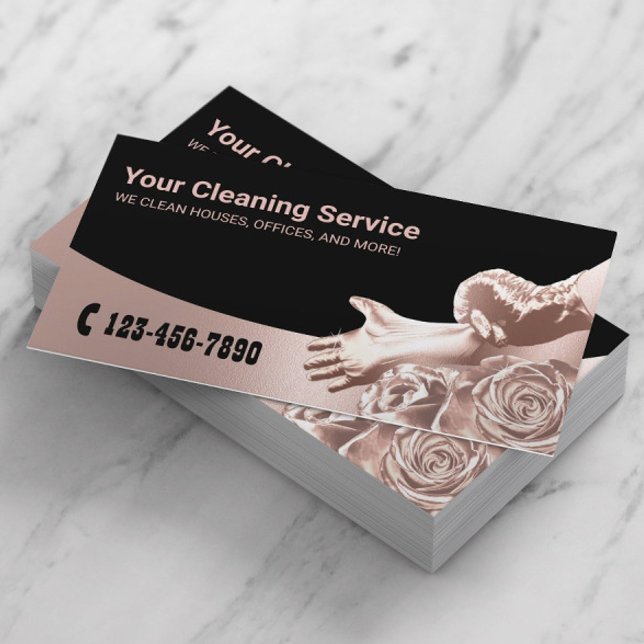 Modern Rose Gold Floral House Cleaning Service Business Card (Creator Uploaded)