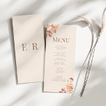 Modern Rose Gold Floral Monogram Wedding Menu Card<br><div class="desc">Enhance your wedding reception with our Modern Rose Gold Floral Monogram Wedding Menu Card. This sophisticated design features a delicate arrangement of rose gold and creamy floral accents set against a soft blush-powder background with a peachy undertone. The elegant "Mocca Mousse" typography highlights your personalised monogram at the top, adding...</div>