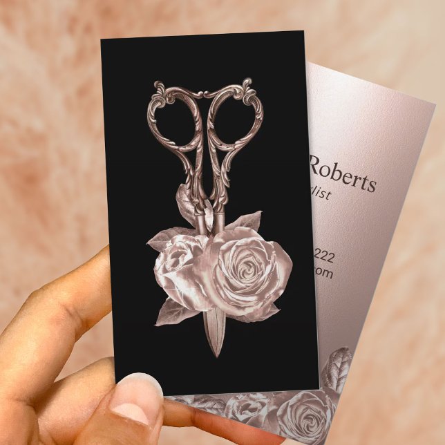 Modern Rose Gold Flower & Scissor Beauty Salon Business Card (Creator Uploaded)