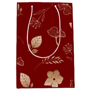 Modern rose gold flowers and leaves medium gift bag