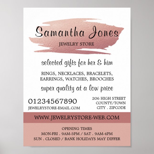Modern Rose Gold Foil Brushstroke, Jewelry Store Poster (Front)