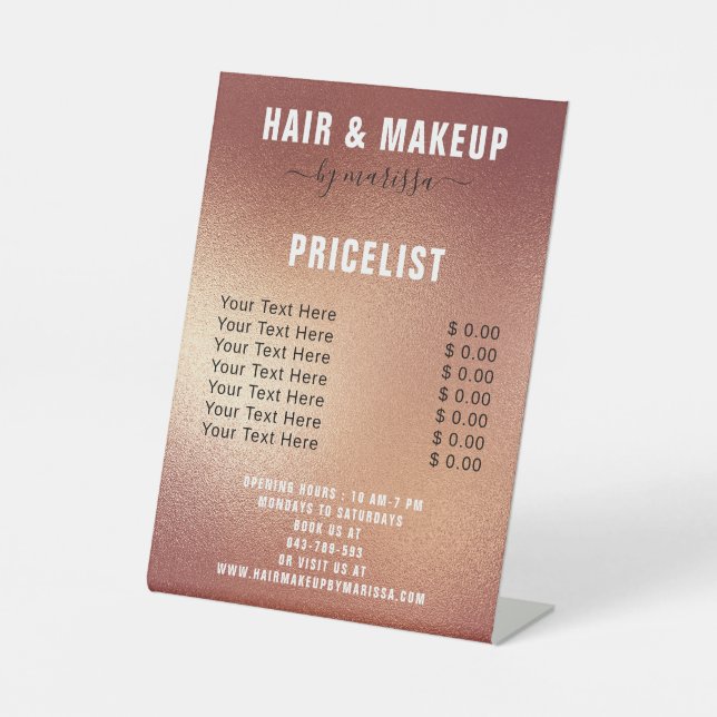 Modern Rose Gold Foil Hair & Makeup Pricelist Pedestal Sign (Front)