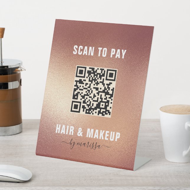 Modern Rose Gold Foil Hair & Makeup Scan to Pay Pedestal Sign (In SItu)