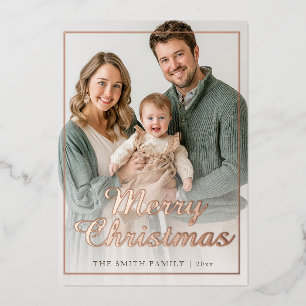 Modern Rose Gold Foil Merry Christmas Family Photo