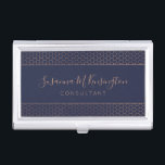 Modern Rose Gold Foil Navy Blue Geometric Business Card Holder<br><div class="desc">Modern Minimalist Rose Gold Foil Navy Blue Hexagon Business Card Case with a stylish copper rose gold hexagon pattern on an elegant navy blue. Easy to customise with text, fonts, and colours. Created by Zazzle pro designer BK Thompson © exclusively for Cedar and String; please contact us if you need...</div>