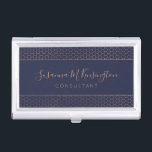Modern Rose Gold Foil Navy Blue Geometric Business Card Holder<br><div class="desc">Modern Minimalist Rose Gold Foil Navy Blue Hexagon Business Card Case with a stylish copper rose gold hexagon pattern on an elegant navy blue. Easy to customise with text, fonts, and colours. Created by Zazzle pro designer BK Thompson © exclusively for Cedar and String; please contact us if you need...</div>