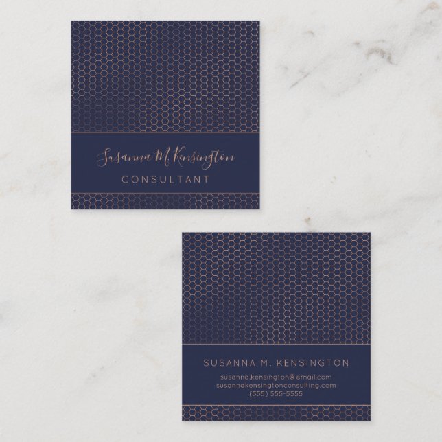 Modern Rose Gold Foil Navy Blue Geometric Business Square Business Card (Front/Back)