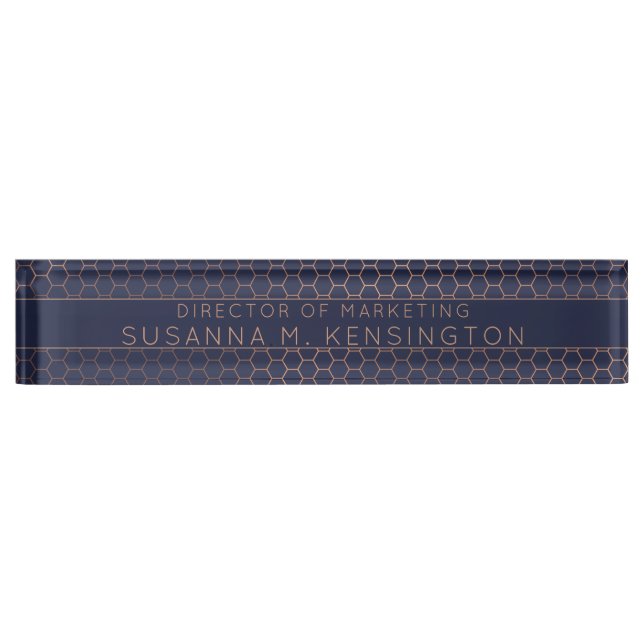 Modern Rose Gold Foil Navy Blue Geometric Hexagon Nameplate (Front)