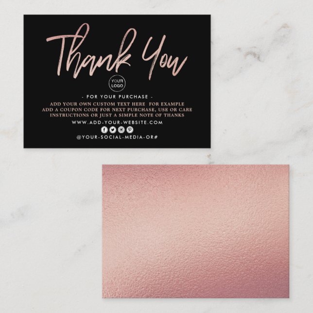 Modern Rose Gold Foil Script Business Thank You Enclosure Card (Front/Back)