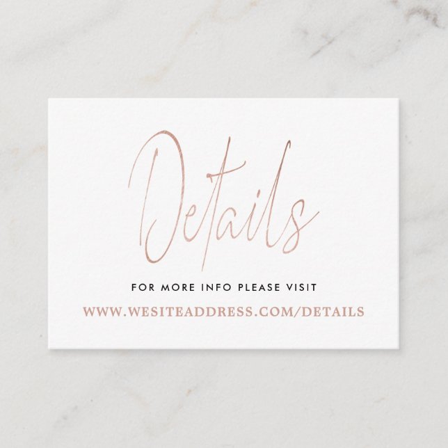 Modern Rose Gold Foil Script Details Enclosure Card (Front)