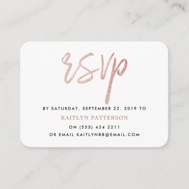 Modern Rose Gold Foil Script RSVP Enclosure Card (Front)