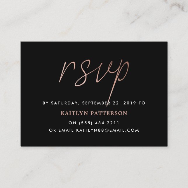 Modern Rose Gold Foil Script RSVP Enclosure Card (Front)