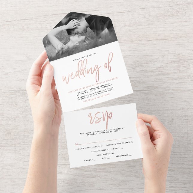 Modern Rose Gold Foil Script Wedding All In One Invitation (Tearaway)