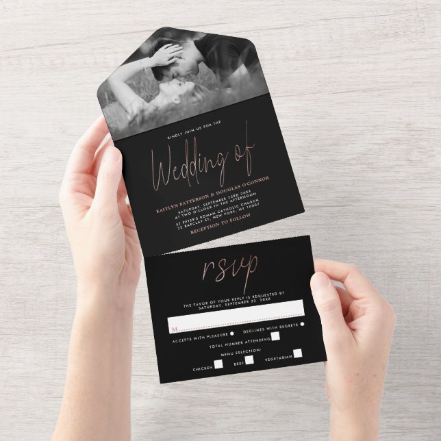 Modern Rose Gold Foil Script Wedding All In One Invitation (Tearaway)