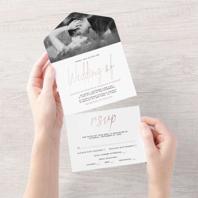 Modern Rose Gold Foil Script Wedding All In One Invitation (Tearaway)