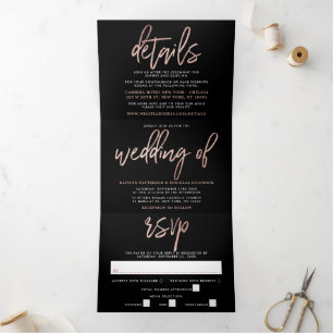 Modern Rose Gold Foil Script Wedding Suite Tri-Fold Invitation