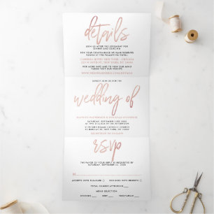 Modern Rose Gold Foil Script Wedding Suite Tri-Fold Invitation