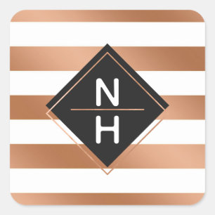 Modern Rose Gold Foil Stripes Monogram Wedding Square Sticker