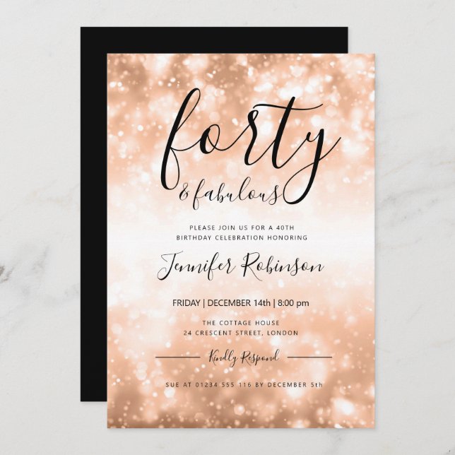 Modern Rose Gold Forty & Fabulous 40th Birthday Invitation (Front/Back)