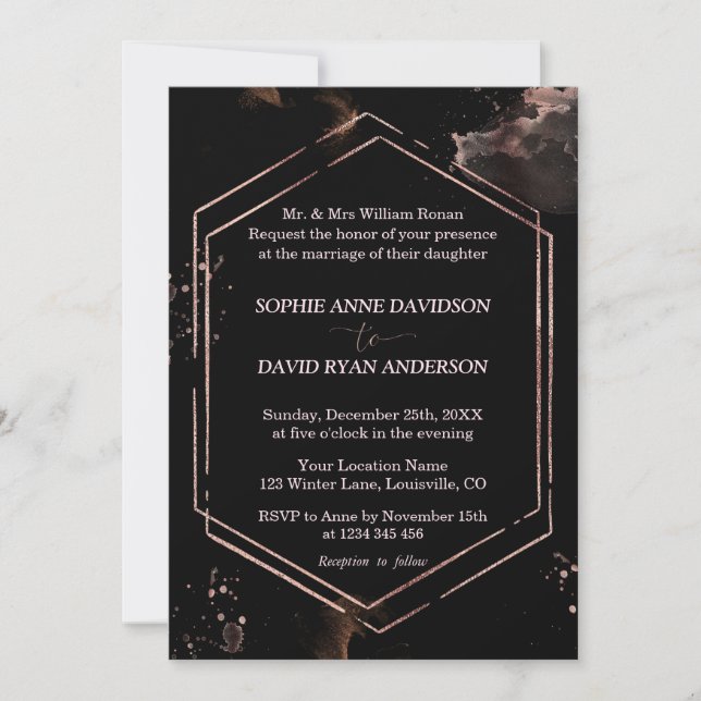Modern Rose Gold Frame Black Wedding Formal Invitation (Front)