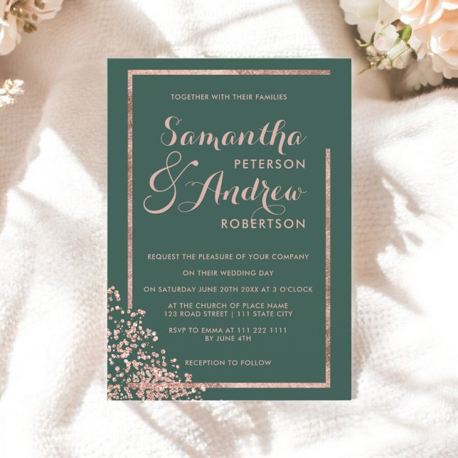 Modern rose gold frame green confetti wedding invitation (Modern rose gold frame green confetti wedding invitation)
