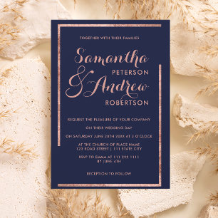 Modern rose gold frame navy script wedding invitation