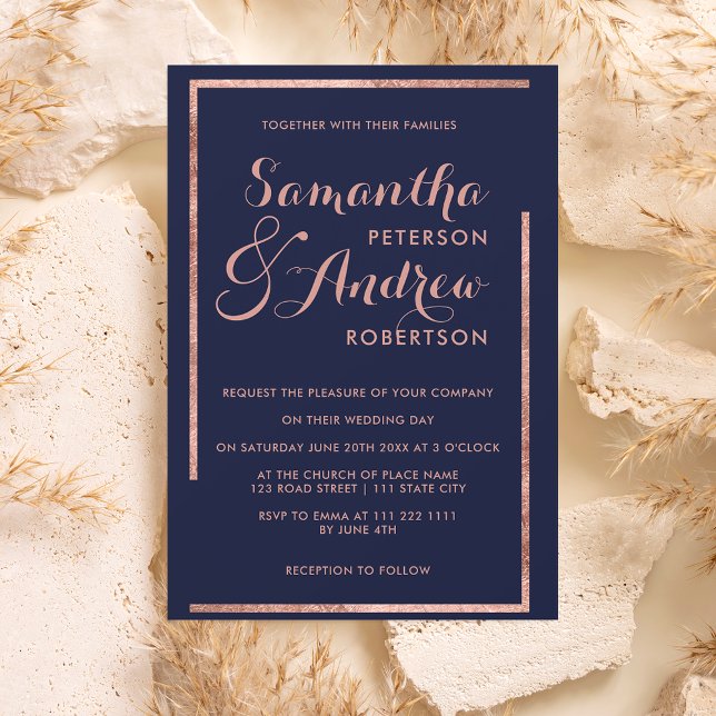 Modern rose gold frame navy script wedding invitation (Creator Uploaded)