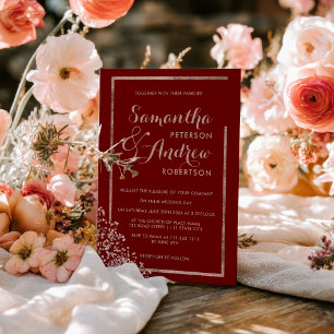 Modern rose gold frame red confetti wedding invitation