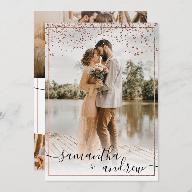 Modern rose gold frame script 5 photos wedding invitation (Front/Back)