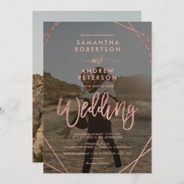 Modern rose gold frame simple photo script wedding invitation (Front/Back)