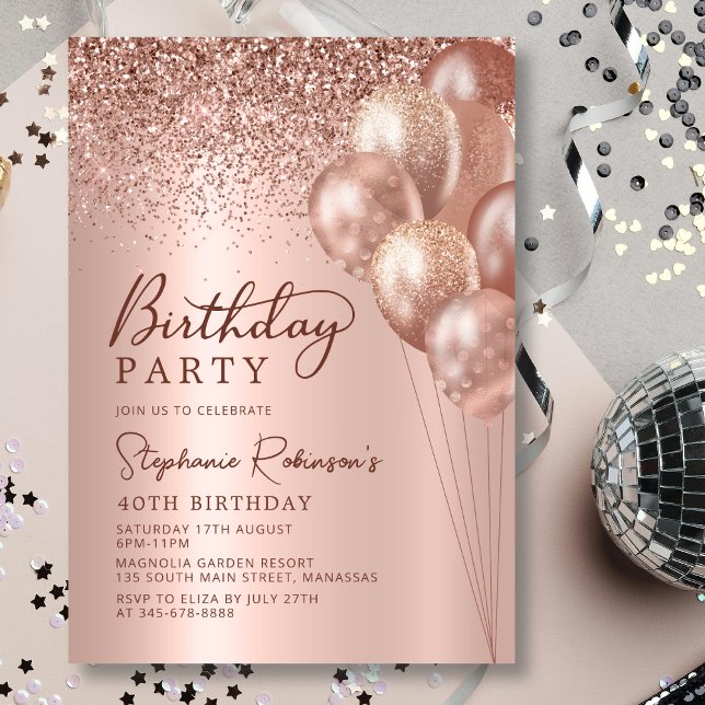 Modern Rose Gold Glitter Balloon 40th Birthday Invitation (Creator Uploaded)
