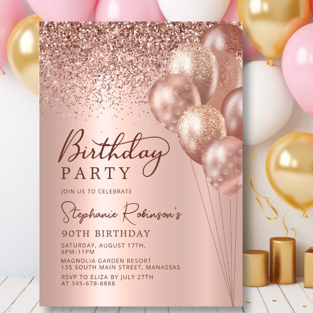 Modern Rose Gold Glitter Balloon 90th Birthday Invitation (Creator Uploaded)