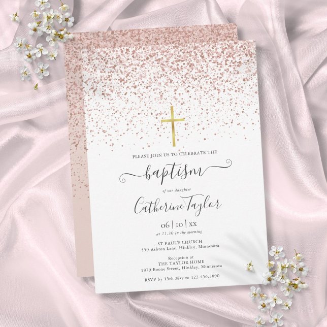 Modern Rose Gold Glitter Baptism Christening Invitation (Modern Rose Gold Glitter Baptism Christening Invitation)