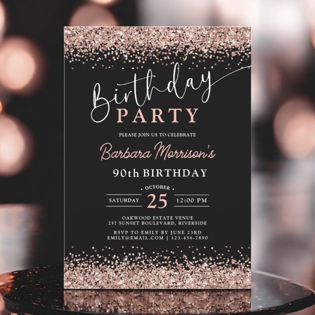 Modern Rose Gold Glitter Black Any Age Birthday Invitation (Creator Uploaded)