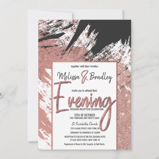 Modern Rose Gold Glitter Black Brushstroke Evening Invitation (Front)