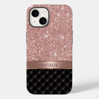 Modern Rose Gold Glitter Black Luxury Custom Name iPhone 14 Case