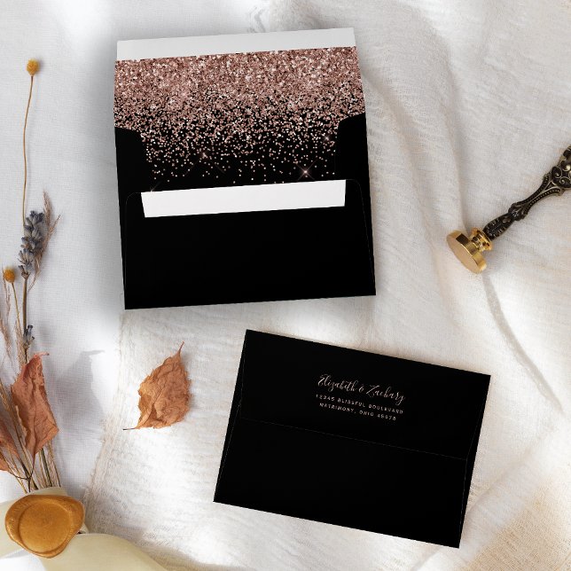 Modern Rose Gold Glitter Black Wedding Envelope (Creator Uploaded)