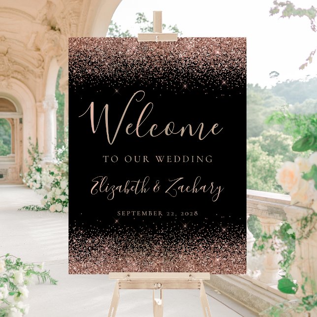 Modern Rose Gold Glitter Black Wedding Welcome Acrylic Sign (Creator Uploaded)