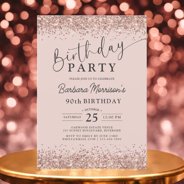Modern Rose Gold Glitter Blush 90th Birthday Invitation (Creator Uploaded)