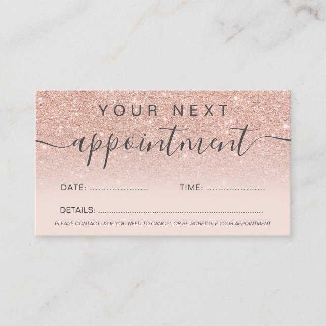 Modern rose gold glitter blush ombre professional appointment card (Front)