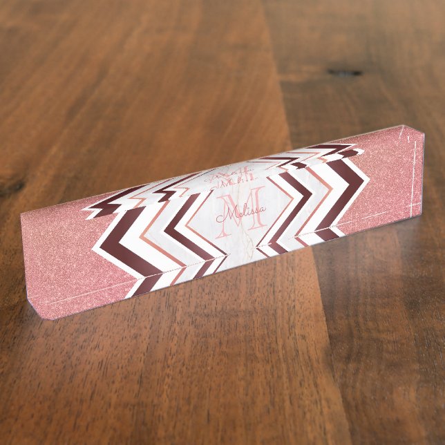 Modern Rose Gold Glitter Chevron Monogram Nameplate (Side)