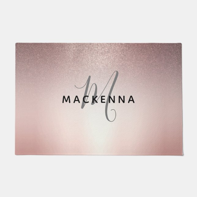 Modern Rose Gold Glitter Chic Girly Monogram Name  Doormat (Front)