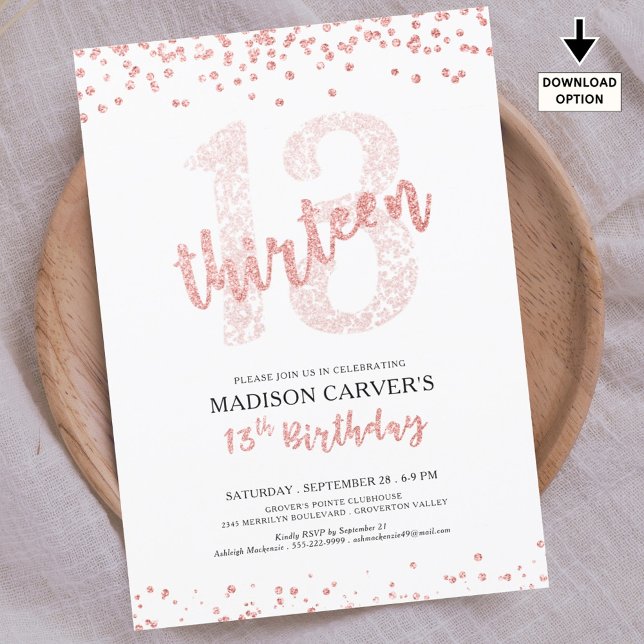 Modern Rose Gold Glitter Confetti 13th Birthday Invitation (Creator Uploaded)