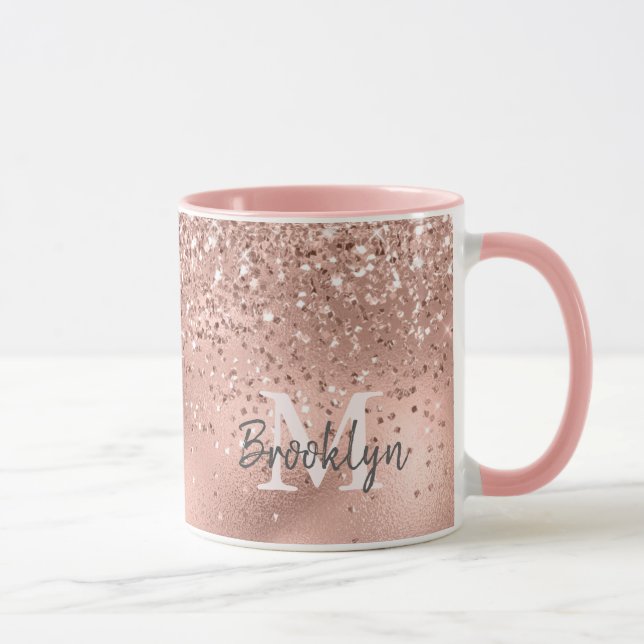 Modern Rose Gold Glitter Confetti Monogrammed Mug (Right)