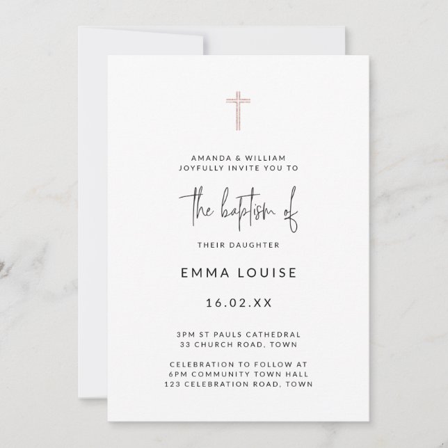 Modern Rose Gold Glitter Cross Handwritten Baptism Invitation (Front)