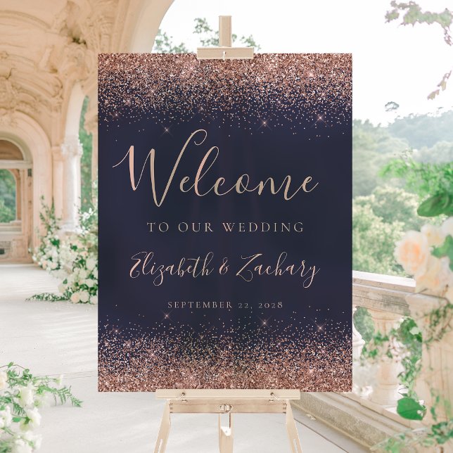 Modern Rose Gold Glitter Dark Blue Wedding Welcome Acrylic Sign (Creator Uploaded)