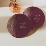 Modern Rose Gold Glitter Dark Burgundy Wedding Paper Plate<br><div class="desc">These elegant modern wedding plates feature a rose gold faux glitter edge. Easily customise the rose pink text on a dark burgundy background,  with the names of the bride and groom in whimsical handwriting calligraphy over a large ampersand.</div>