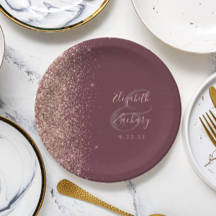 Modern Rose Gold Glitter Dark Burgundy Wedding Paper Plate