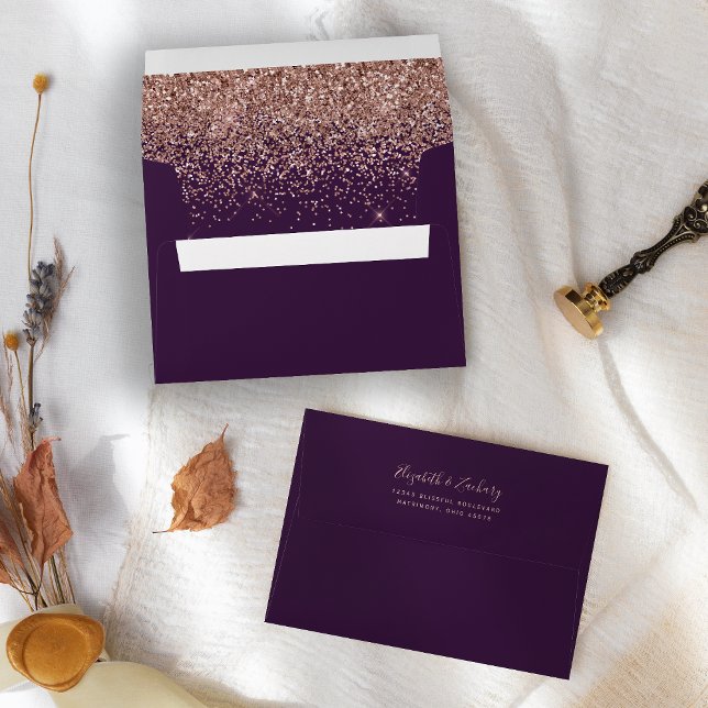 Modern Rose Gold Glitter Dark Purple Wedding Envelope (Creator Uploaded)