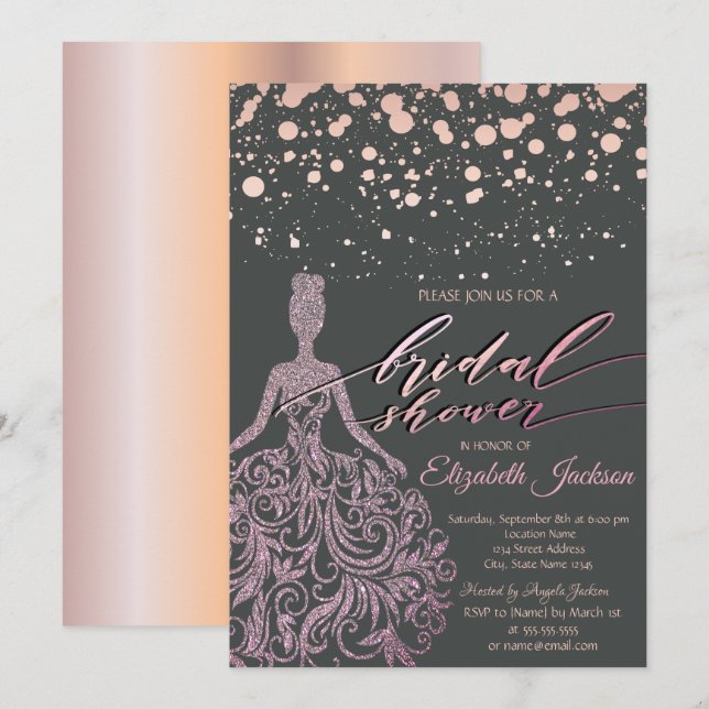 Modern Rose Gold Glitter Dress Dots Bridal Shower Invitation (Front/Back)